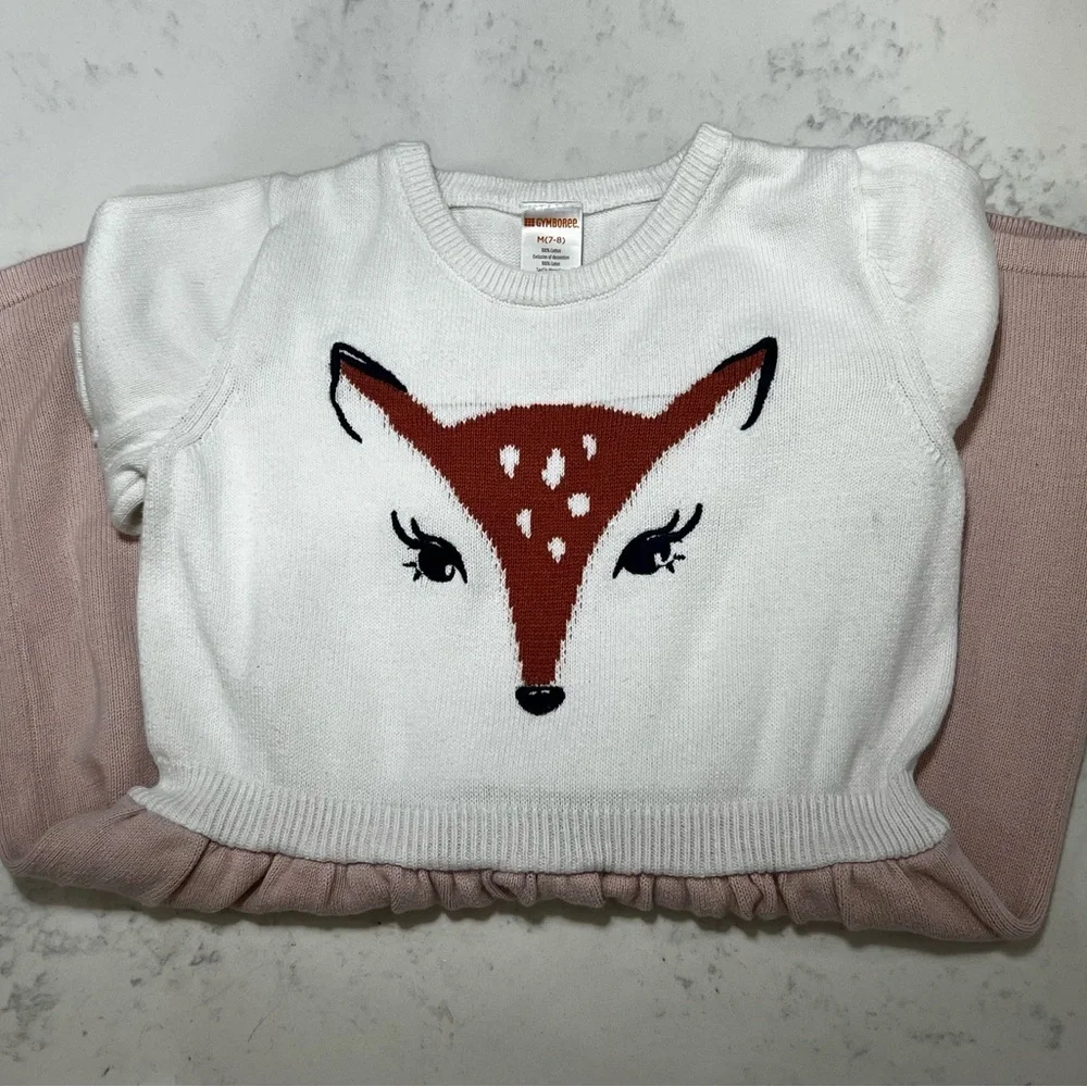 Gymboree White and Pink Fox Sweater Dress